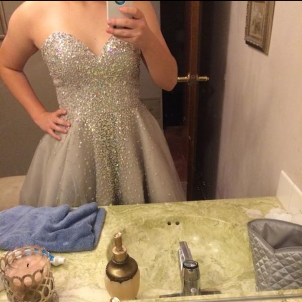 Short silver strapless homecoming dress